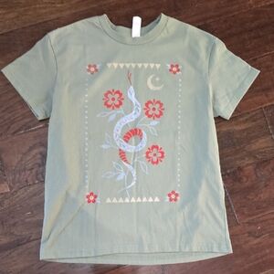 Green T-Shirt with Snake and Floral Design